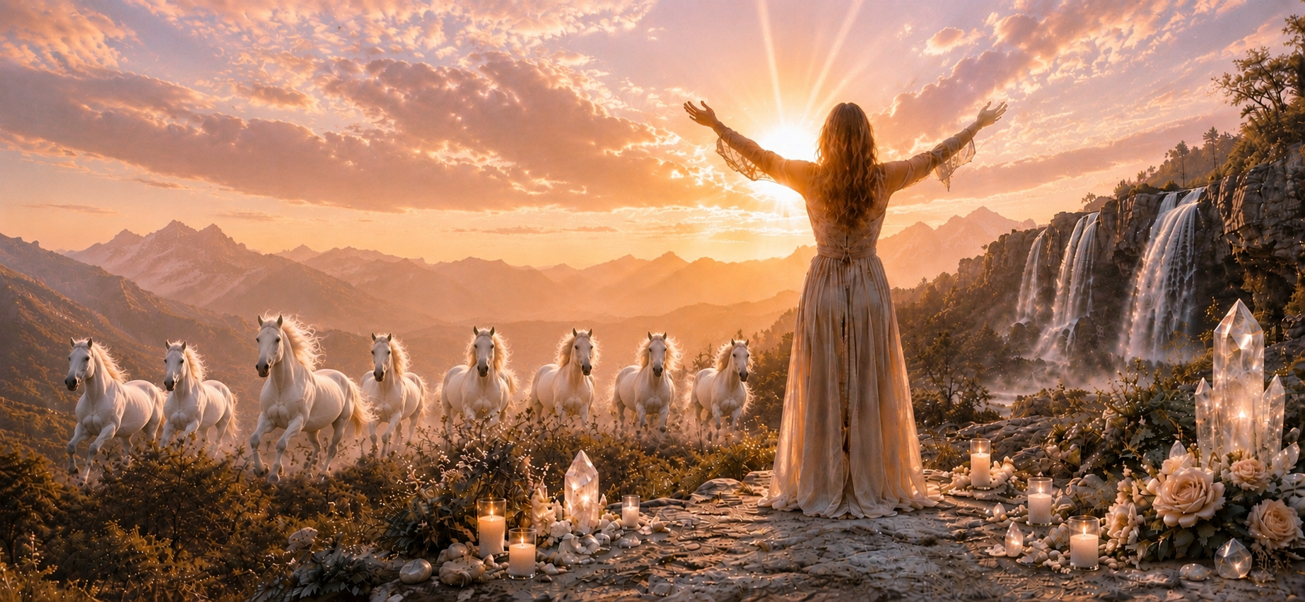 Woman in flowing dress with arms outstretched at sunrise, white horses running through a mountain valley beside a waterfall and crystals