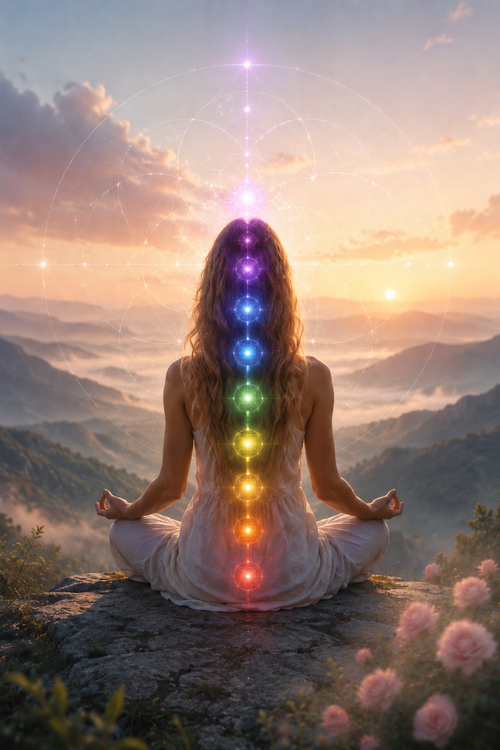 Woman meditating at sunrise with luminous chakra centers aligned along her spine
